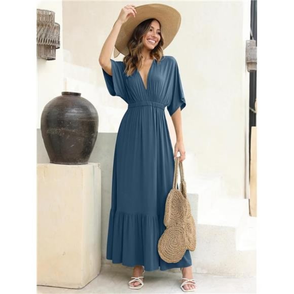 Women’s Summer V Neck Batwing Short Sleeve Loose High Waist Flowy Maxi Dress - Picture 4 of 7